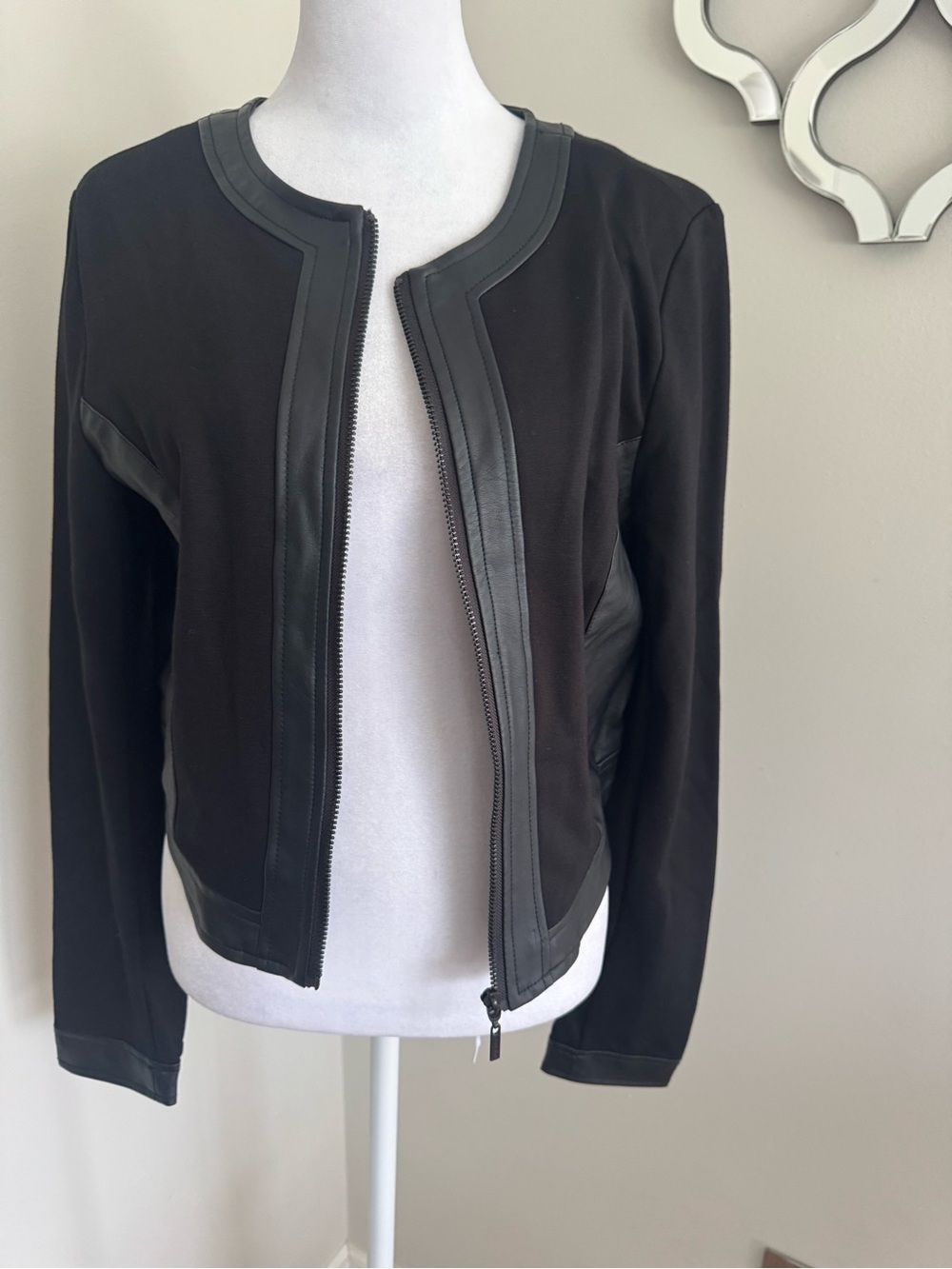 Bisou Bisou Black Zip-Front Ponte Jacket with Faux Leather Trim